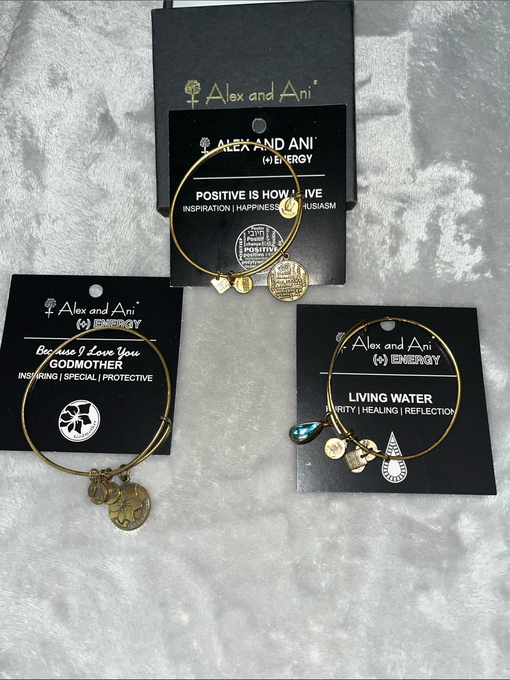 Alex and Ani Gold Charm Bangle Bracelet Set with Blue Teardrop Accent